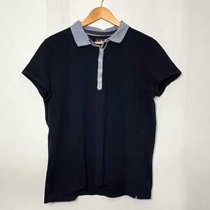 L.L. Bean Shirt Women’s Polo Short Sleeve Navy Denim Chambray Collar‎ XL Stretch